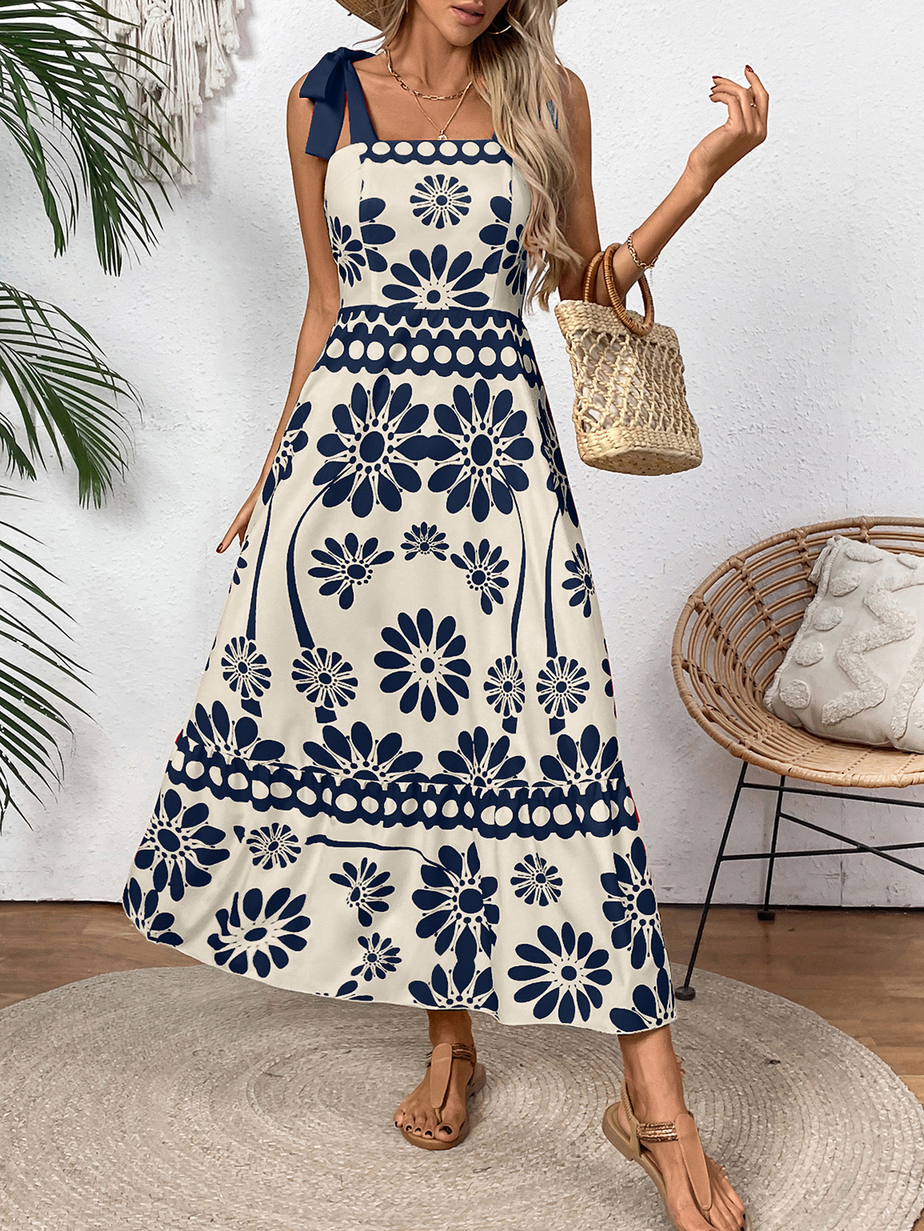 European American Foreign Trade Clothing Women's Bohemian Style With Floral Shoulder Straps And Tie-Up Long Dress_ecoleips.com