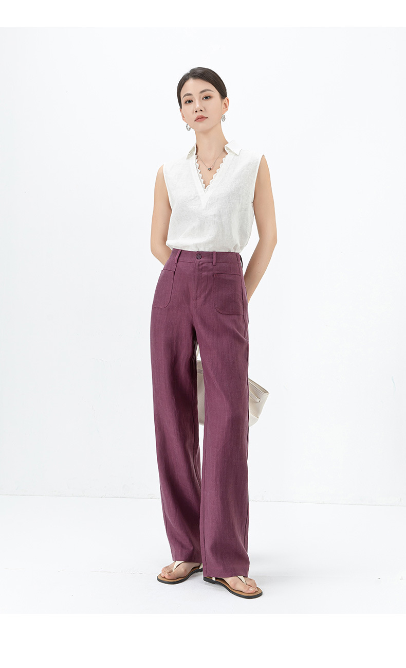 Quần ống rộng Tencel cạp cao dáng suông vải lanh mùa hè — Màu tím-Thông thường (25327) chi tiết 33