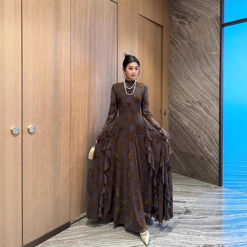 Tea Break Style Elegant Slim-Fit Evening Gown Long Dress 2026 Spring Women's Bell Sleeve Printed Wave Hem Dress