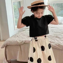 女童时髦套装夏装2025新款洋气赫本风泡泡袖上衣波点阔腿裤两件套