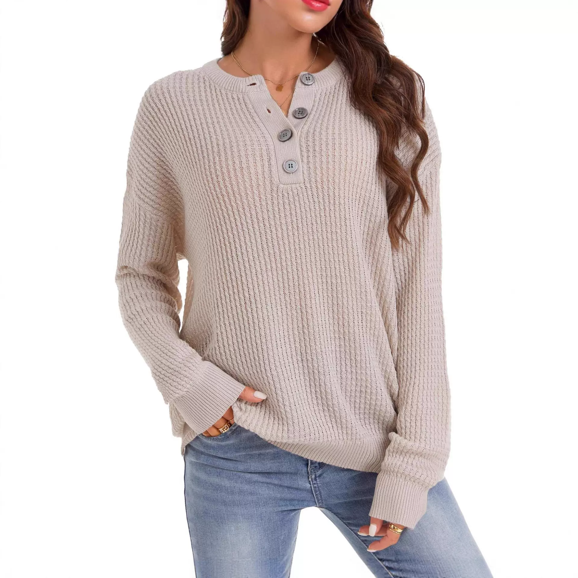 2025年跨境新款毛衣亚马逊速卖通爆款秋冬纽扣圆领宽松休闲女装女