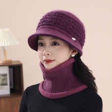 新款冬季中老年毛线帽子套装女士防寒保暖妈妈帽加绒加厚护耳护脖