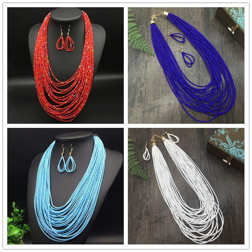 Богемский многослойный рисовый бус серьги набор ожерелья ретро этнический стиль личность свитер цепи necklace