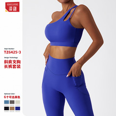 Zechuang breathable cloud-sensing quick-drying tight-fitting yoga wear pocket running sports suit oblique one-shoulder naked fitness suit