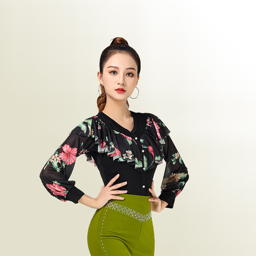 Latin dance clothes tops for women to practice ruffles, flowers, long sleeves, autumn and winter new dance clothes, adult modern dance