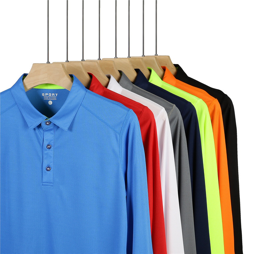 方格速干运动长袖翻领POLO衫 透气快干T恤训练团体服工衣印字LOGO