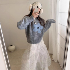 设计趣味花朵羊毛针织马甲背心女短款无袖上衣G1494