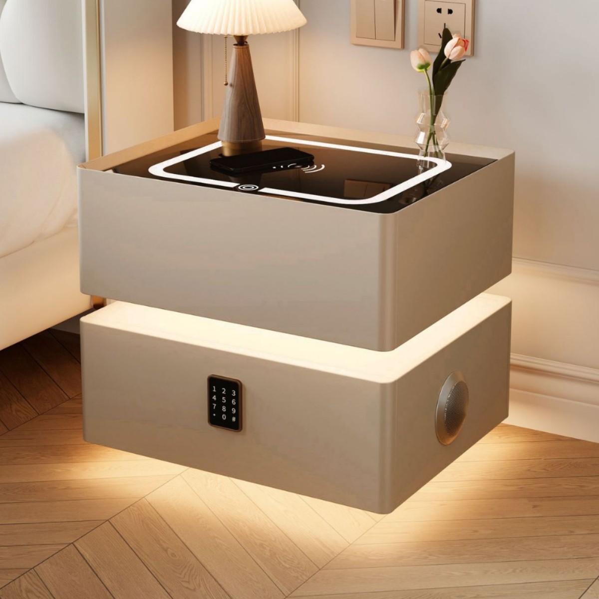 Smart Bedside Table with Human Body Sensor Light, Accessible Luxury Modern Bedside Table, New 2024 High-End and Atmospheric Small
