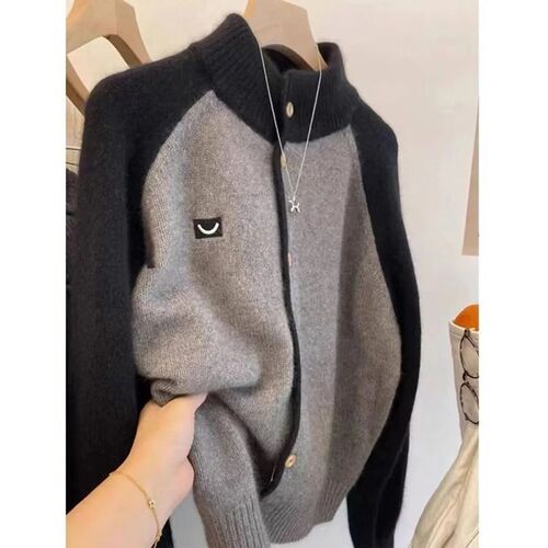Languid Contrast Color Crew Neck Knit Cardigan Fashion Autumn/Winter New Design Trend Comfy Soft Wool Sweater Outerwear