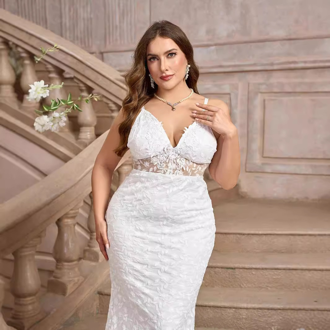 Women's Clothing large size sexy trailing white sling V neck trailing wedding dress without chest cotton_voghion.com