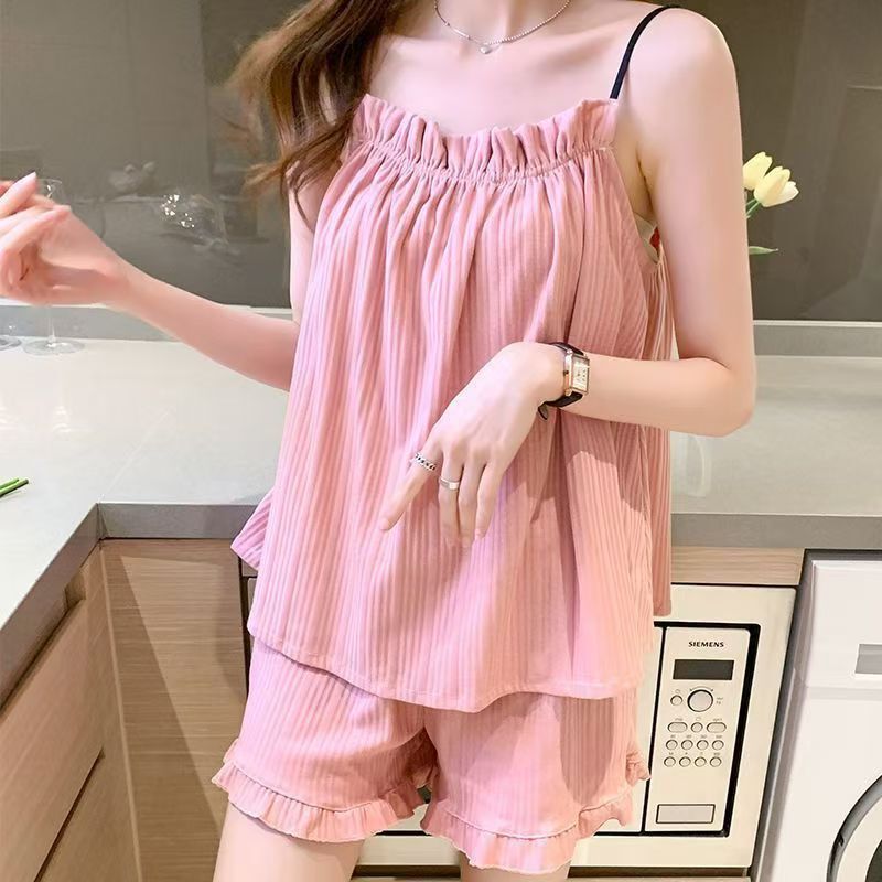 クロスボーダー起爆ストラップショートパンツ2点セットパジャマ女性夏の甘いセクシーな夏の薄い学生の家の服|undefined