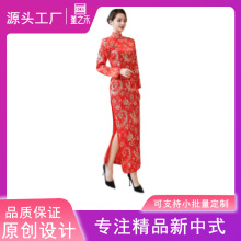 酒店迎宾红色礼仪服中式新娘传统结婚敬酒服开业剪彩长款短袖旗袍