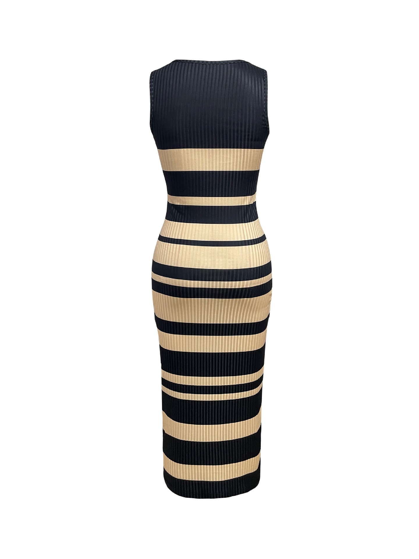 Women's Slim Fit Sleeveless Ribbed Stripe Print V-Neck Midi Dress For Casual & Office Wear Versatile Style Statement_ecoleips.com