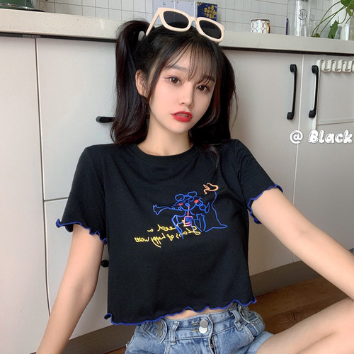 Doodle Short Sleeve T-Shirt for Women 2025 Summer New Slimming Short Length High-Waist Wavy Edge Hot Girl Revealing Top Trendy