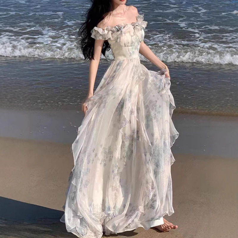 Seaside Holiday Style Suspender Dress Yarn French Ruffled Beach dress Atmosphere Long Dress Elegant Fairy Fan Chao