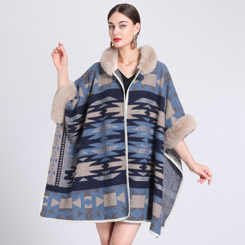 Fur collar hooded cape cape loose jacquard cardigan plus-size woolen coat_voghion.com