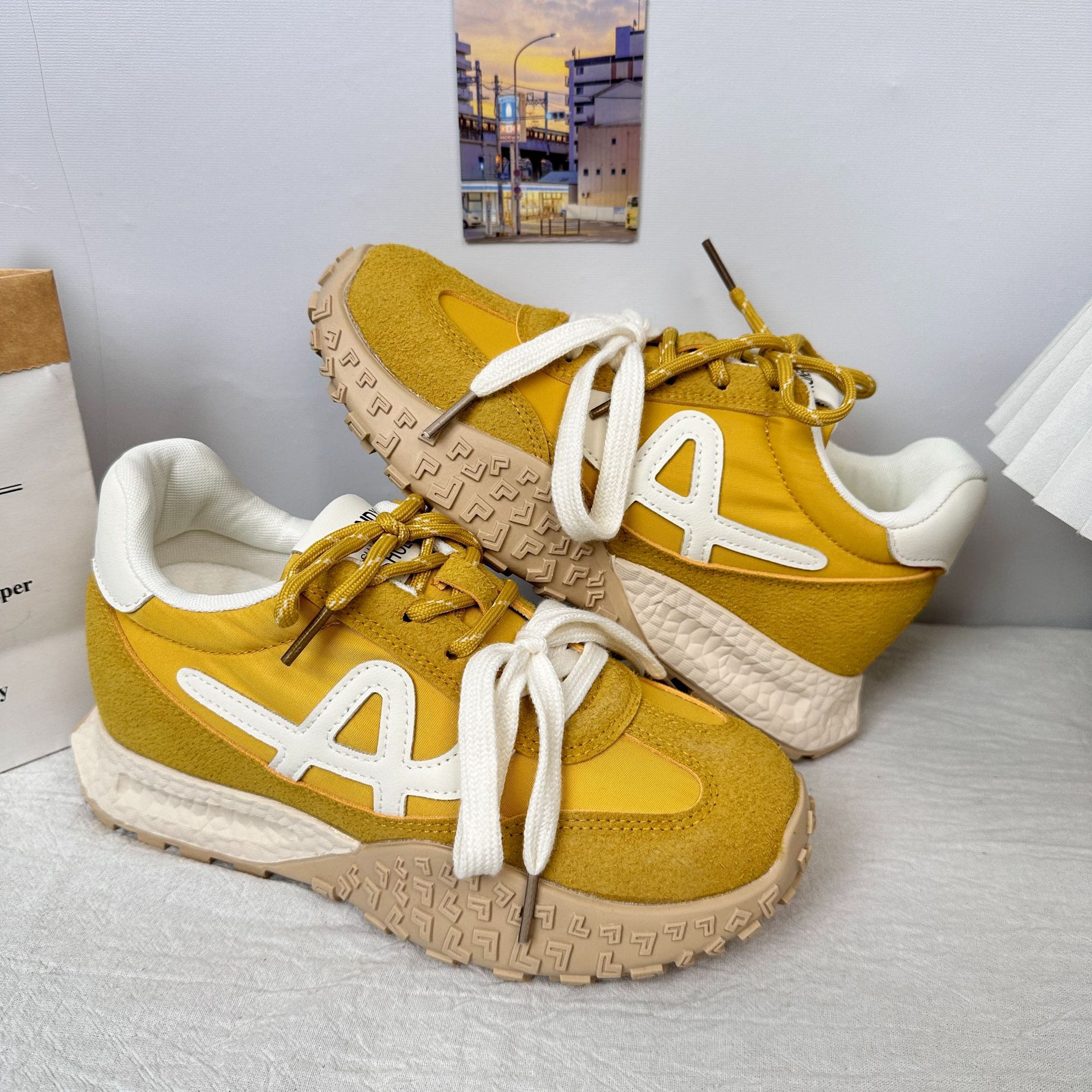 A9910 American Forrest Gump Zapatos casuales de nuevo estilo, cordones de dos colores, suela gruesa transparente y versátil, cordones, zapatos de mujer de moda ligera