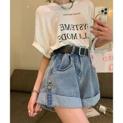 夏用女性用洋ナシ型ボディカールデニムショートパンツ、プラスサイズ、太mm、ハイウエスト、ヒップカバー、痩身、Aラインワイドレッグホットパンツ、トレンディ