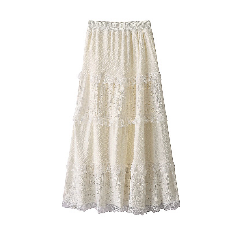Autumn and Winter New French Sweet Style Lace Trim Stitching fleece-lined Thickened High Waist A- Line Skirt Cake Skirt Long Skirt