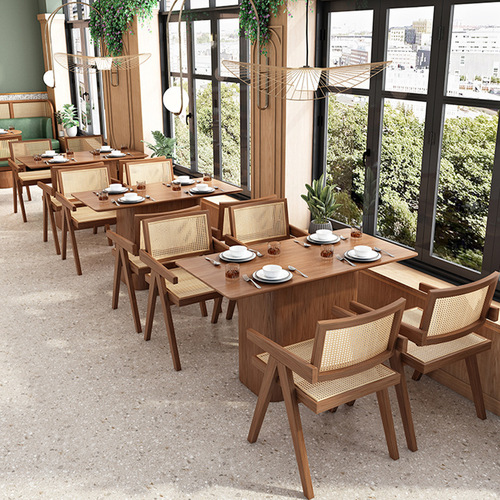 Commercial coffee milk tea snack barbecue hot pot restaurant table and chair combination solid wood rattan Japanese noodle shop tea restaurant booth