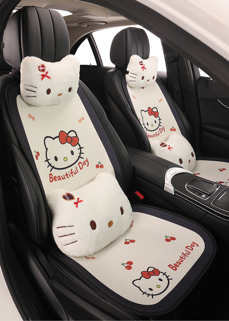 Car Seat Cushion Linen All-Season Breathable Kt Cat Seat Cushion New Half-Cover Seat Cover Cute Cartoon Single Seat Cover