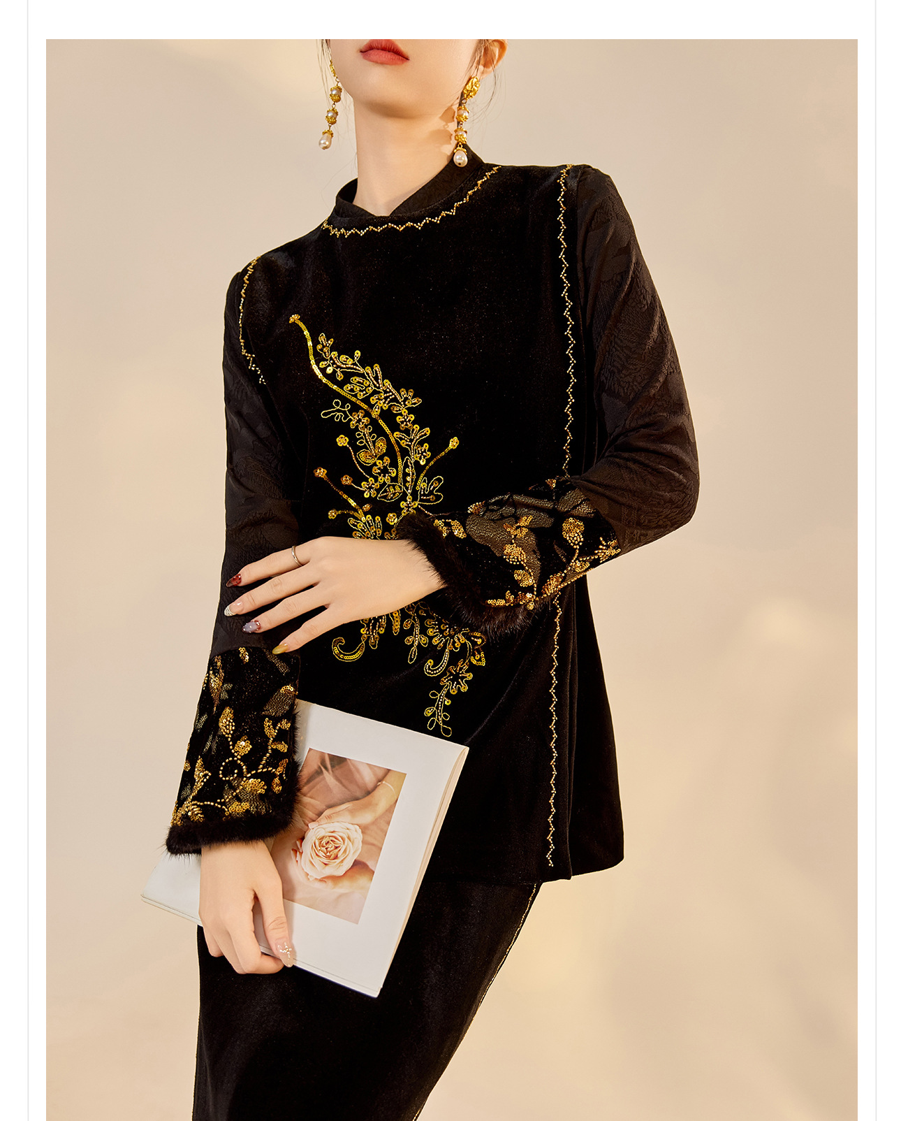 Áo vest nhung đính cườm retro không tay kết hợp chân váy đồng bộ NX005 — váy, áo vest chi tiết 7