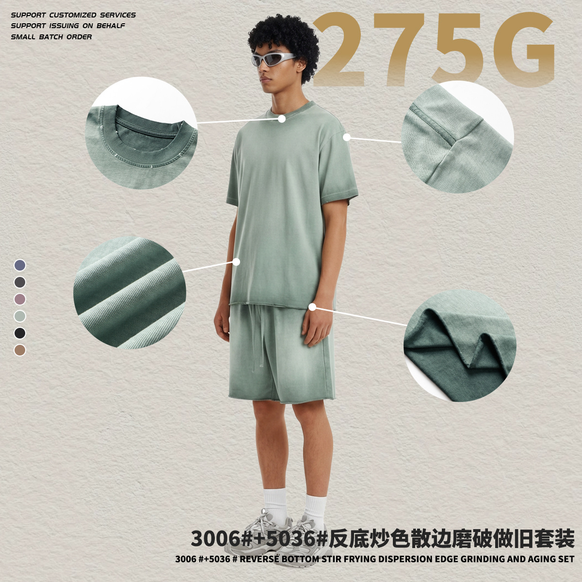 Chain tide2026 nuevo verano retro americano lavados con agua pantalones cortos de manga corta set corto set de verano camiseta de manga corta hombre image 5