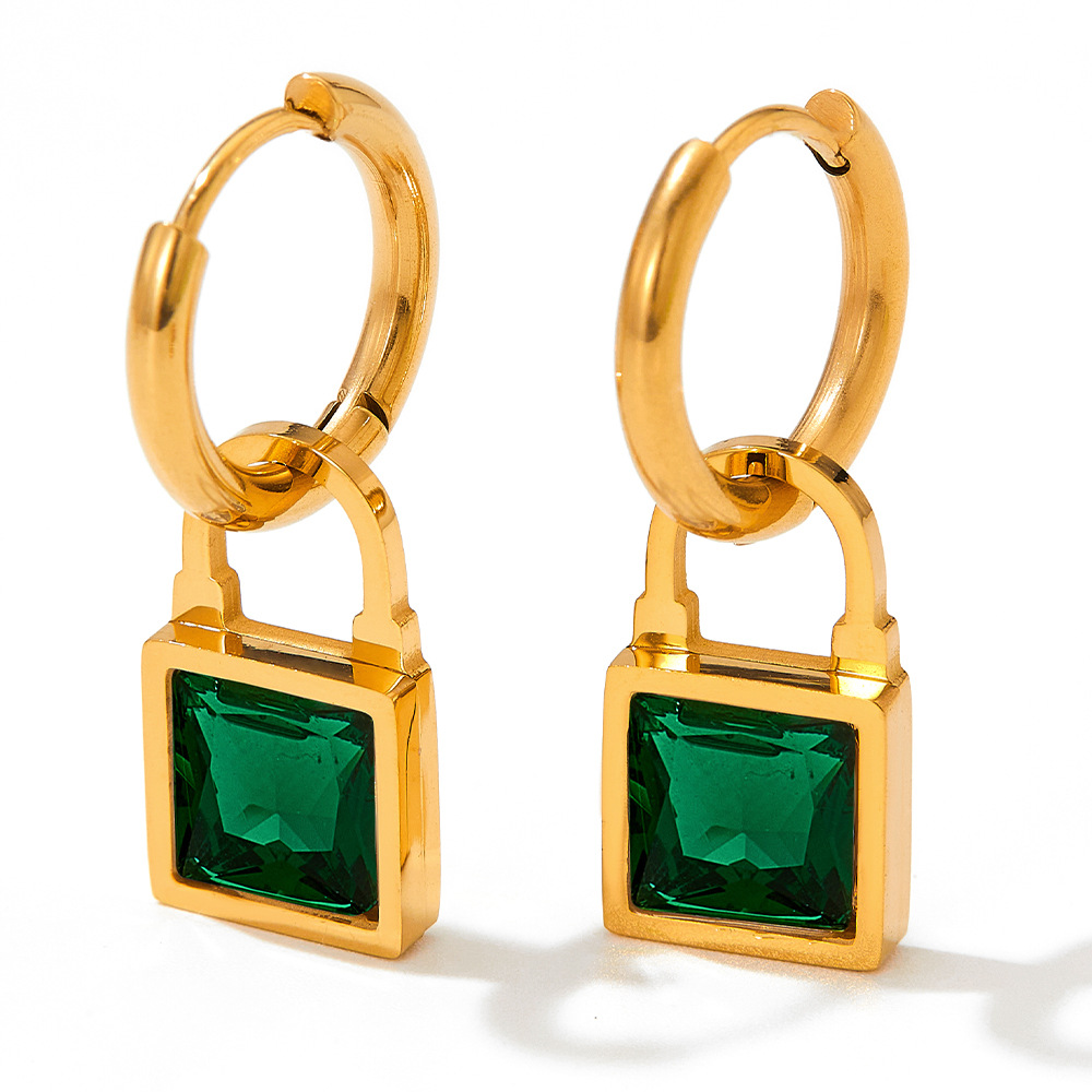Retro Lock Stainless Steel Inlay Zircon Drop Earrings 1 Pair