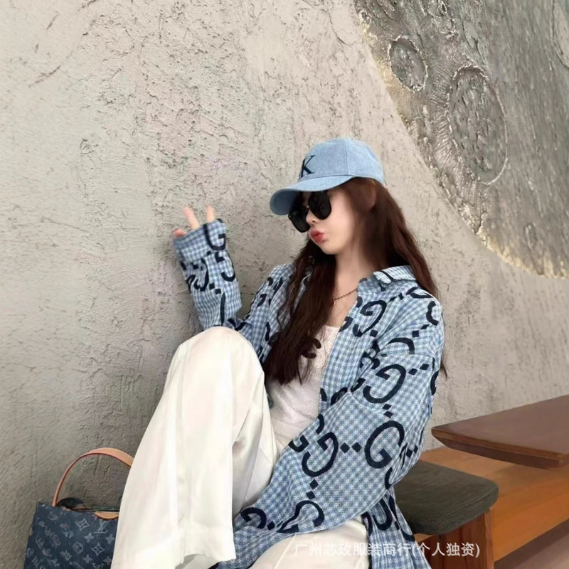 Double g Letter Correct Original 2025 Presbyopic Full-Print Letter Plaid Long-Sleeved Shirt Loose and Versatile Casual Slimming Look Lining