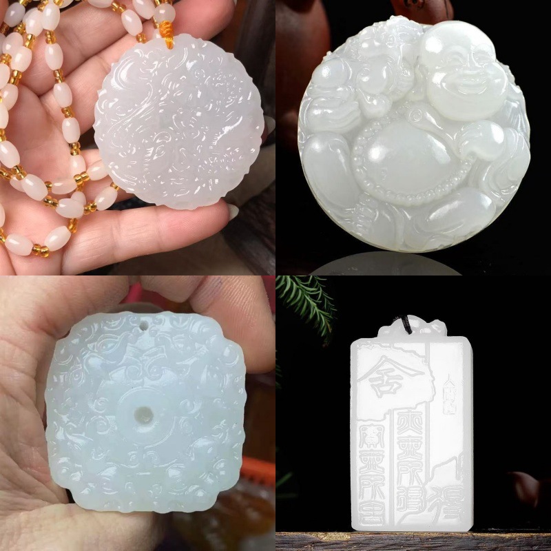 天然白玉龙凤阿富汗玉白玉龙凤配玉牌吊坠 景区地摊玉石挂件批发