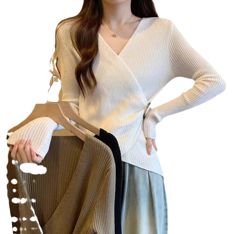 小香風Vネックリブ編みインナーシャツTシャツレディース春秋新作ゆったり着痩せ大きいサイズ純欲系トップス女性用|undefined