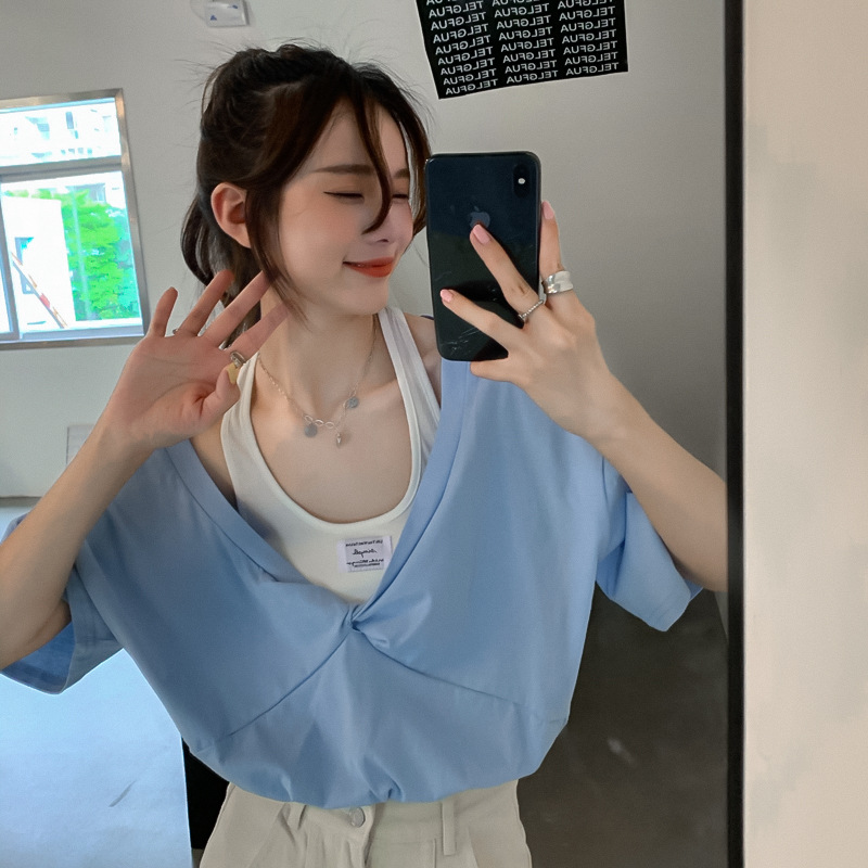 Women's T-shirt Off Shoulder Bubble Sleeve Colour Blocking Top_voghion.com