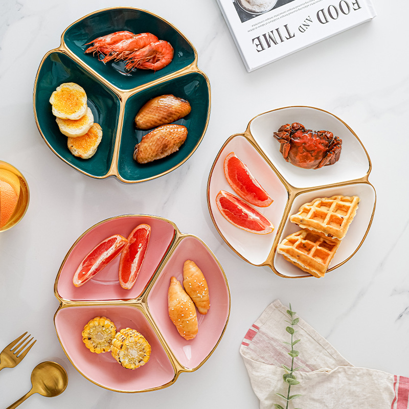 Luz nórdica Placa de partición de lujo hogar plato de cerámica de tres rejillas plato creativo plato de desayuno de una persona vajilla