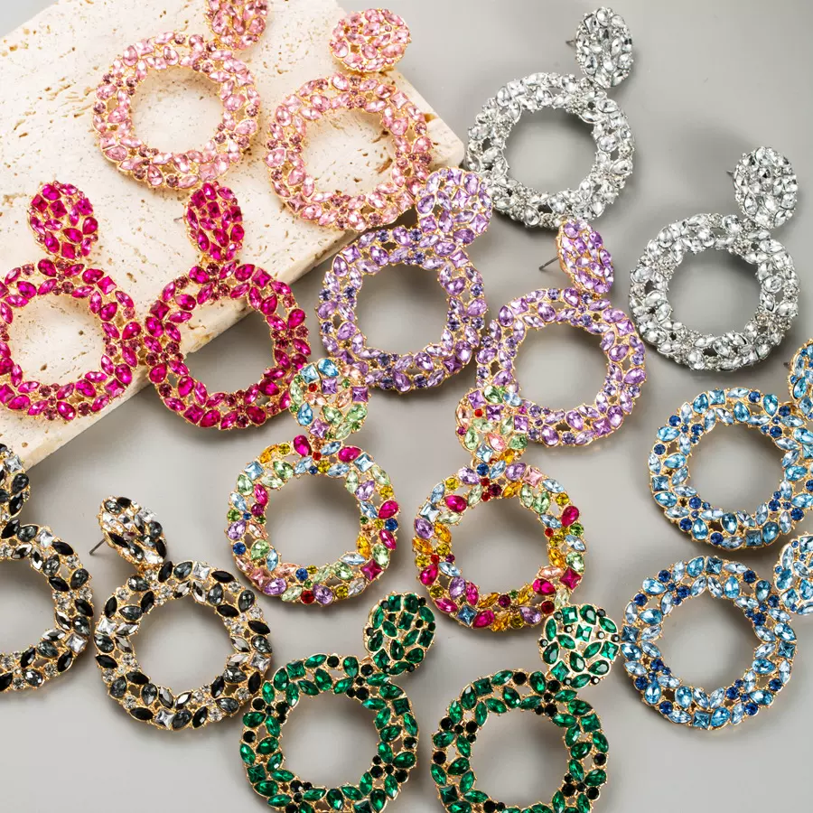 欧美时尚耳环女士合金镶钻耳坠多层几何圆形满钻个性夸张耳环批发