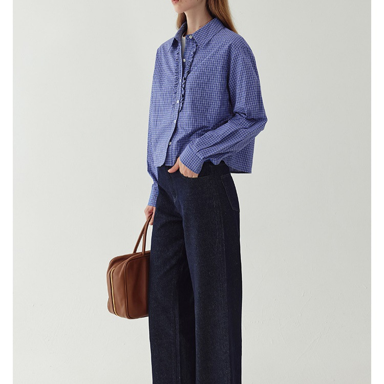 미라 블루 프랑스 격자 무늬 셔츠 2024 초기 가을 하이 엔드 느슨한 짧은 면 탑