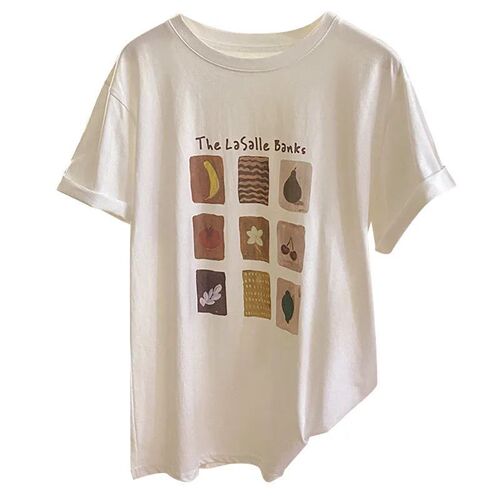 Super Soft Modal! Fruit Pattern Print Simple Short Sleeve T-Shirt for Women Summer Loose Straight Shoulder Youthful Top