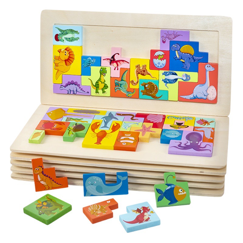 Tetris niños educativos de educación temprana 3-6 años rompecabezas juguetes de madera Rompecabezas de bloques de construcción de pensamiento tridimensional de dibujos animados