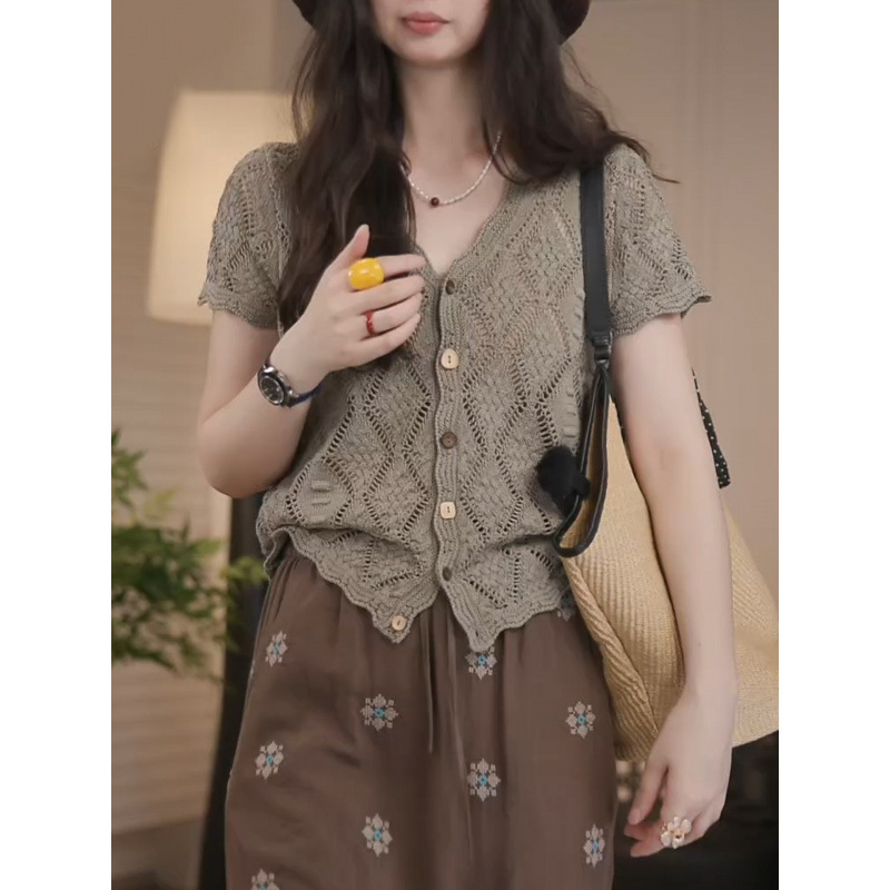 Olive Green Crochet Hollow-Out Knit Cardigan Women's Summer Short-Sleeve T-Shirt 2026 New Korean Retro Slim-Fit Top