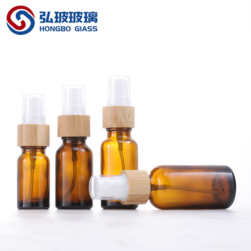Punto transfronterizo 10-100ml boquilla de bambú botella de spray de vidrio marrón botella de perfume botella de aceite fino botella de tóner