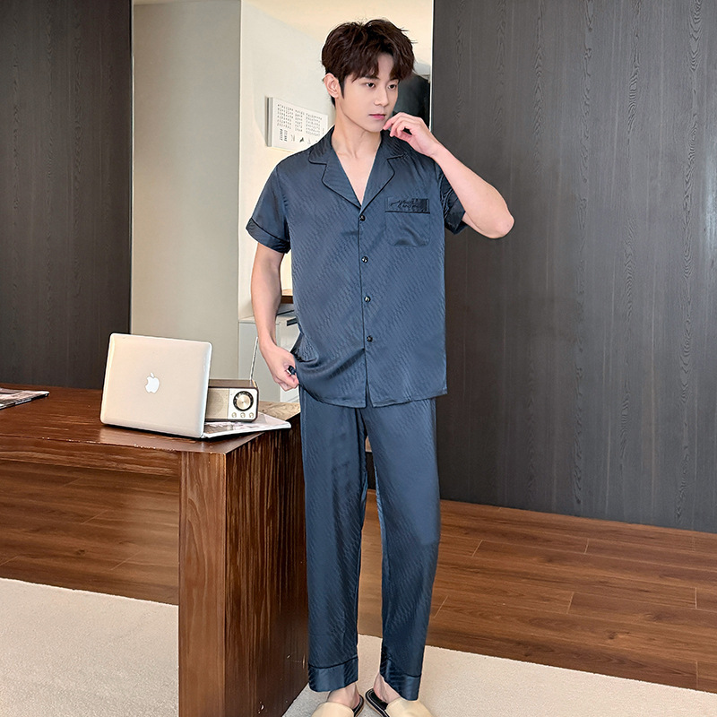 여름 시원한 느낌의 남성용 신상 아이스 실크 잠옷, 얇은 반팔 패셔너블하고 편안한 슈트, 고급 남성 홈웨어