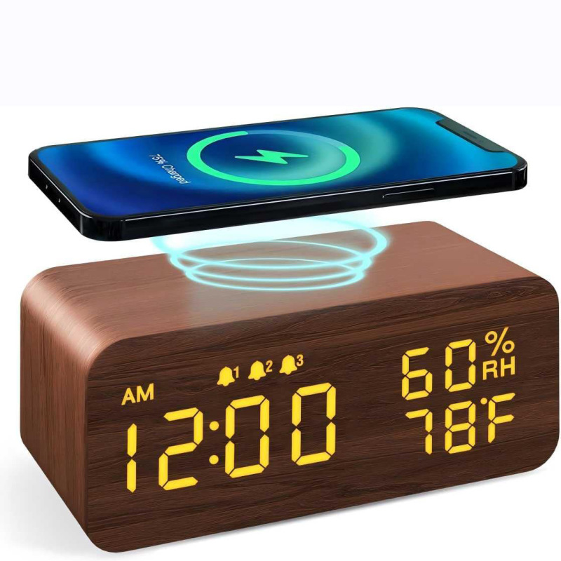 スマート LED 木製ワイヤレス充電目覚まし時計クリエイティブデジタルベッドサイド小型目覚まし時計学生特別な発光木製時計|undefined