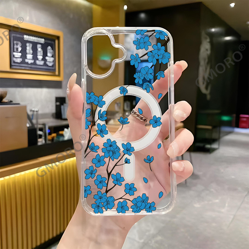 Amazon's Popular Fresh Blue Floral iPhone Anti-Drop Magnetic Phone Case for Apple 17Pm with Transparent Soft Edges