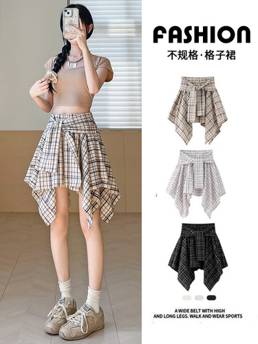 Irregular plaid skirt women's spring, summer, autumn and winter new style high-waist slimming elegant retro plaid short skirt