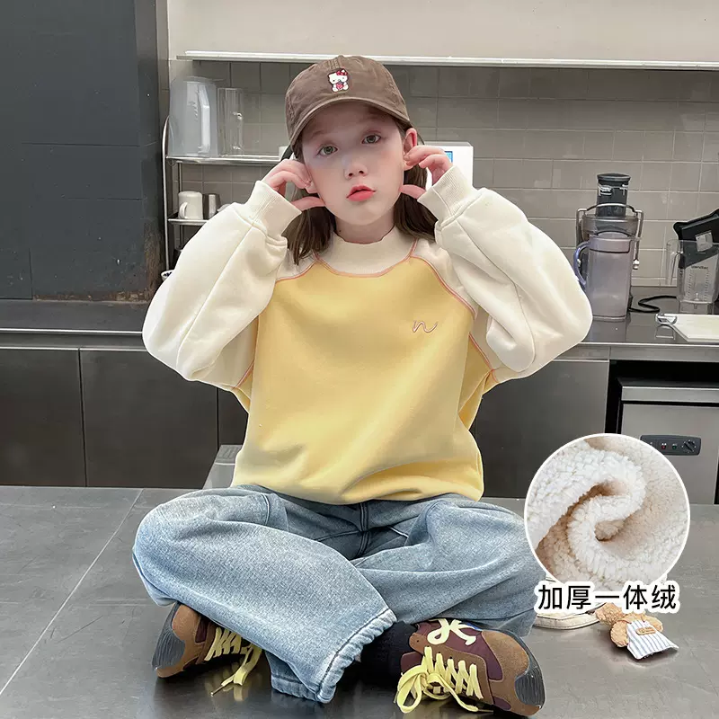 一体绒加厚儿童高领撞色卫衣女童洋气长袖上衣大童2025冬装新款