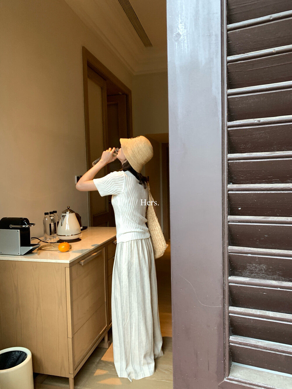 Quần culottes nữ ống rộng cạp cao chun rút dây sọc kẻ chất liệu ramie mùa hè — Màu cà phê, màu mơ chi tiết 27