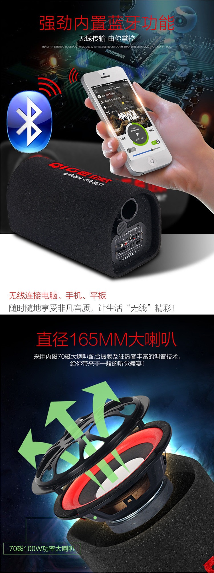 Wireless Bluetooth Subwoofer Speaker High Volume Home Super Bass Speaker Car Dedicated 12/24V under Seat