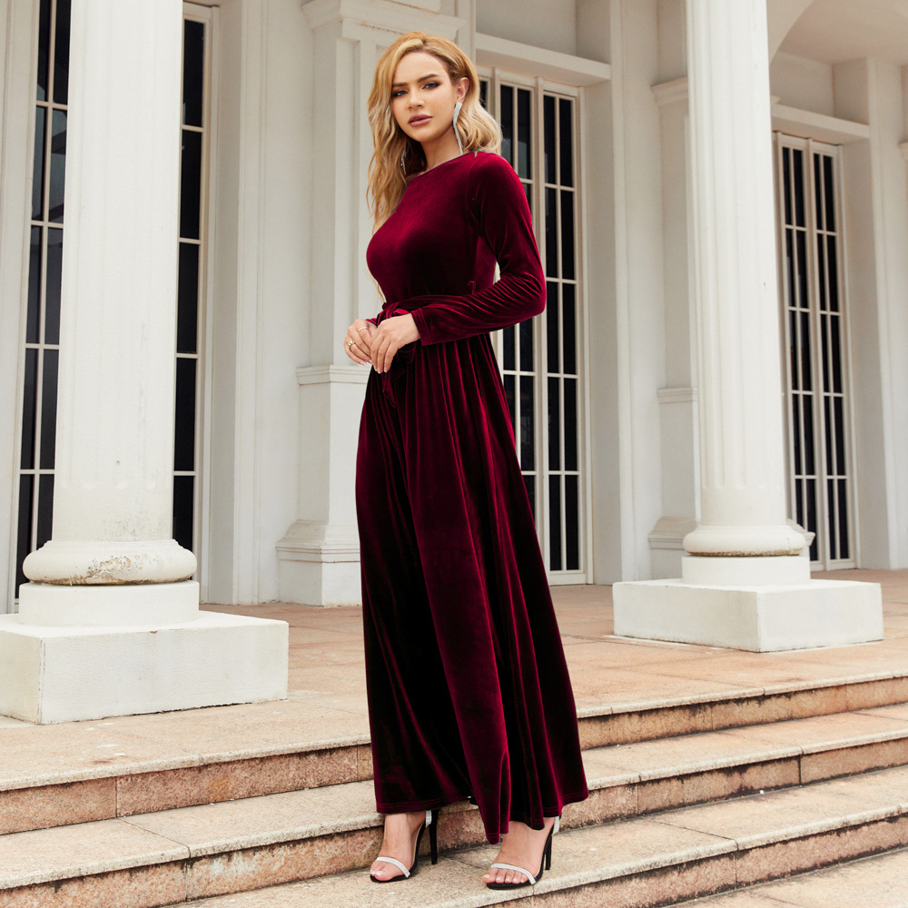 Elegant Solid Color Round Neck Long Sleeve Belt Polyester Dresses Maxi Long Dress A-Line Skirt