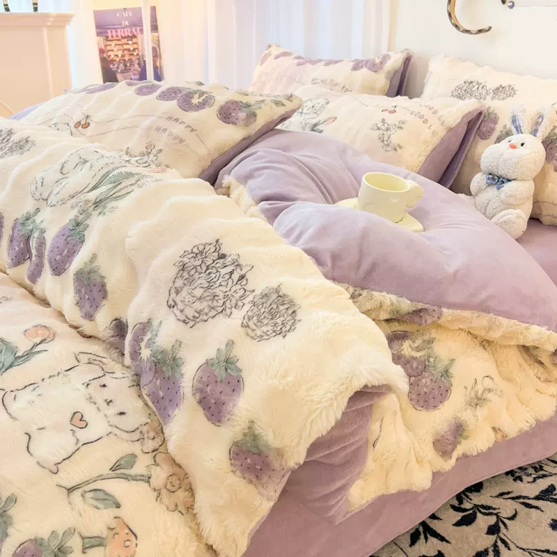 冬季兔毛绒被套单件ins卡通牛奶珊瑚绒床单被罩三四件套单人加厚
