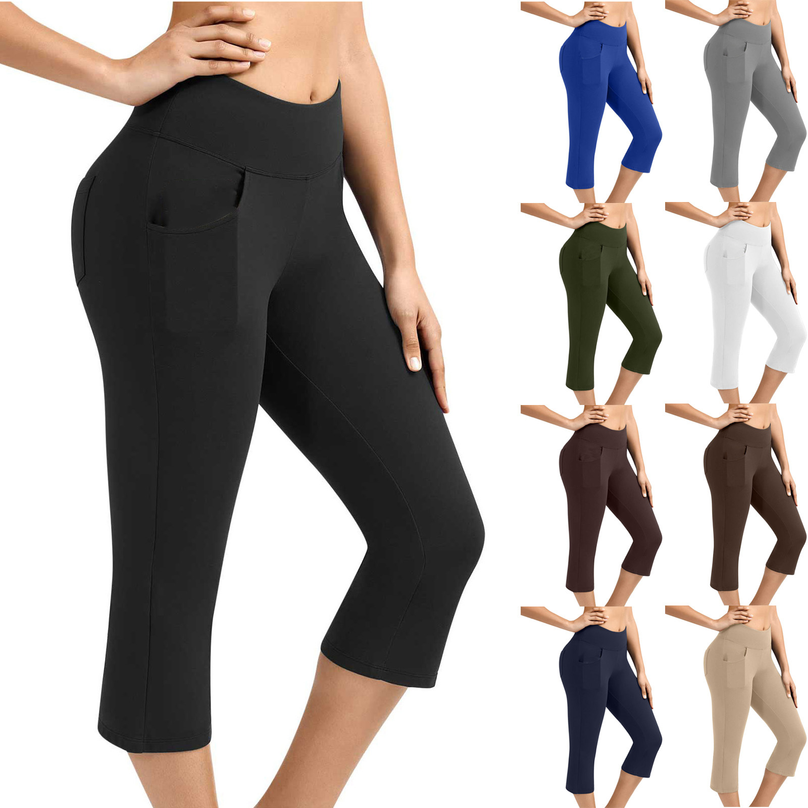Neue Yoga-Hose für Damen, einfarbig, Vordertasche, hohe Taille, aufgesetzte Tasche hinten, Hip-Lift, Sport-Caprihose_voghion.com
