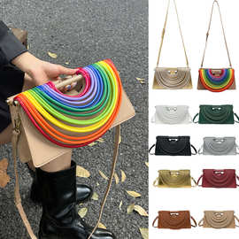 跨境新款斜挎包手工编织单肩包女线条流梳设计手提包梯形女包